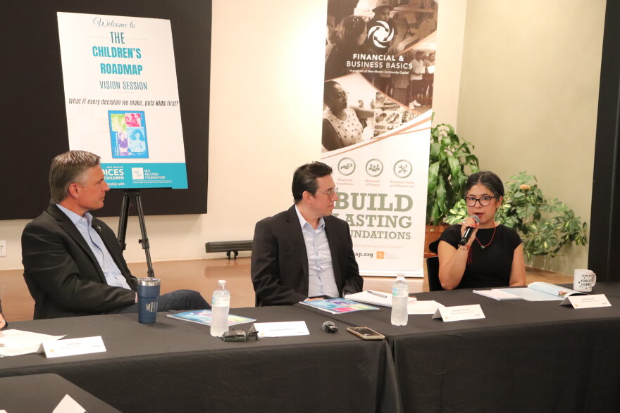 From left to right, Senator Martin Heinrich, Dahveed Torres, and Gabrielle Uballez, executive Director of New Mexico Voices for cChildren, discussing ways the state can ensure their recent investments in children's well-being make a tangible difference for everyday people.