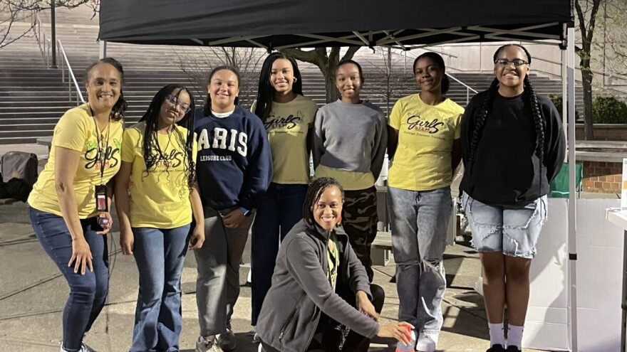 The Girls STEM Institute research team captures images of the 2024 eclipse for NASA. Left to right: Renee Barlow, Priya J., Nadia S., Asha S., Brooke T., Elizabeth Y. and Shae’la C. Front row, center: Dr. Crystal Morton.