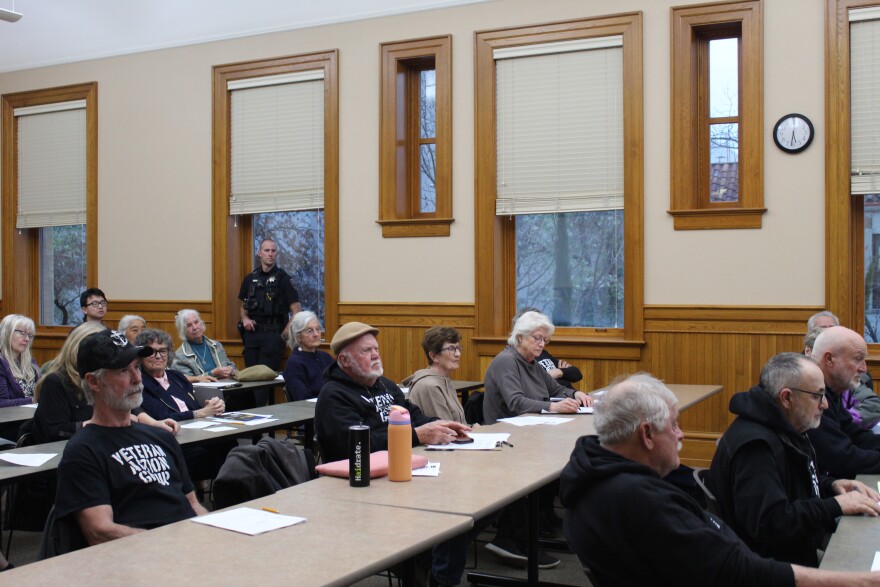 Residents hear how the police department uses military equipment at a meeting in Chico, Calif., on Monday, Feb. 23, 2026.