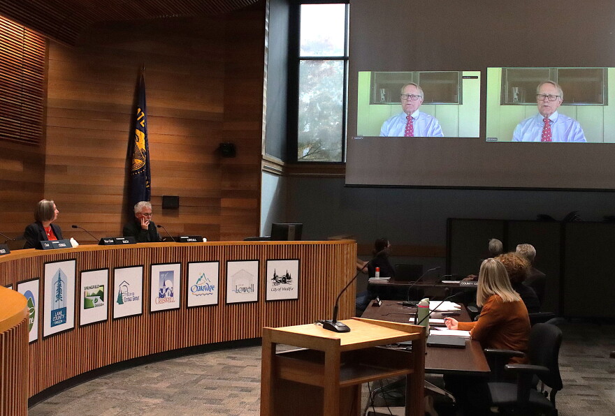 Bill Kloos, a lawyer for the quarry, speaks at a Board of Lane County Commissioners meeting, Oct. 20, 2026.