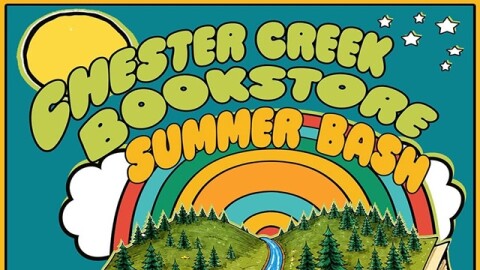 Poster for Chester Creek Bookstore Summer Bash; illustration of an open book revealing a forest and camping landscape
