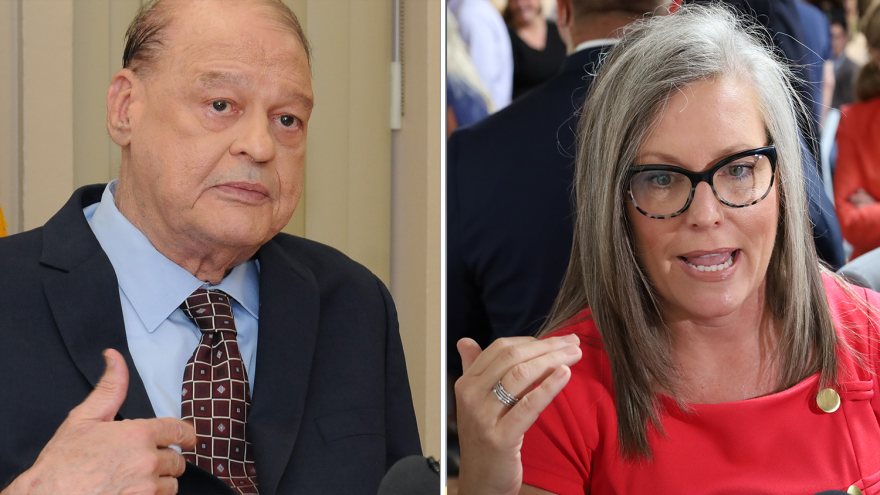 Photos of Katie Hobbs and Tom Horne