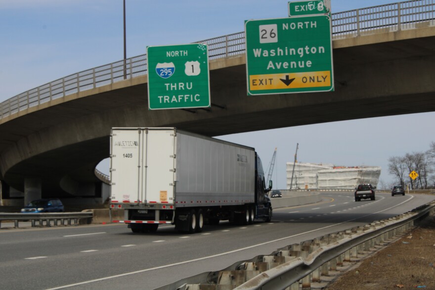 A northbound tractor trailer on I-295 in Portland on Monday, March 30.