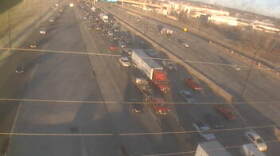 Traffic sits at a standstill I-40 eastbound through downtown Oklahoma City early Thursday morning. Freezing fog caused icy bridges and overpasses in parts of Oklahoma.