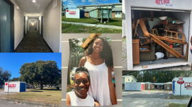 Clockwise from top left: Hallway at the Quality Inn off Market, home to multiple WHA tenants; PODS and dumpsters in Creekwood; a PODS, packed haphazardly by WHA contractors, and riddled with mold; PODS in Creekwood; sisters Kimberly and Erieka Lamberth; PODS in Hillcrest.