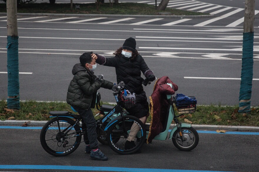 A mother and son go for a bike ride.
