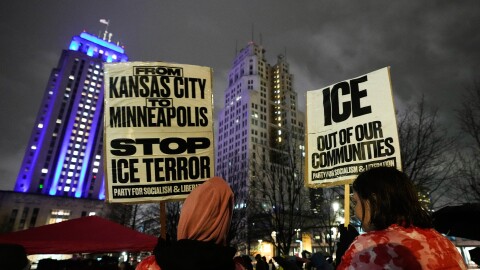 Protesters gather during a rally for Renee Good, who was fatally shot by an ICE officer in Minneapolis the day before, Thursday, Jan. 8, 2026, in Kansas City, Missouri.