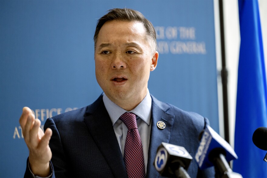 FILE: Attorney General William Tong at a press conferance on June 27, 2025. A New Haven-based non-profit Regional Water Authority is buying Aquarion from Eversource for $2.4 billion. Tong says it will cost water ratepayers billions of dollars in the coming decades.