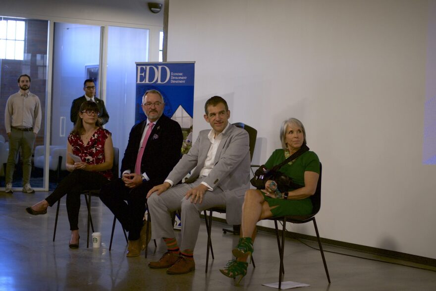 From right, Gov. Michelle Lujan Grisham; Joe Altepeter, a DARPA program manager and quantum researcher; Economic Development Secretary Rob Black; and New Mexico Rep. Meredith Dixon (D-Albuquerque) announced further investments in advanced quantum computing. Lujan Grisham told Source NM the sling was due to a recent rotator cuff surgery.