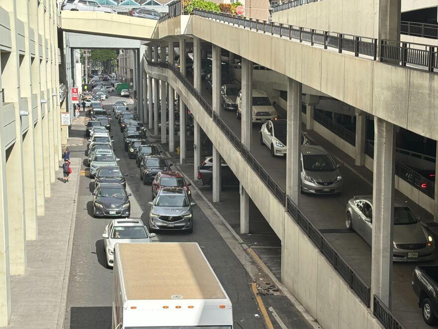 Traffic at Ala Moana mall as people flock following a tsunami warning. ( July 29, 2025)