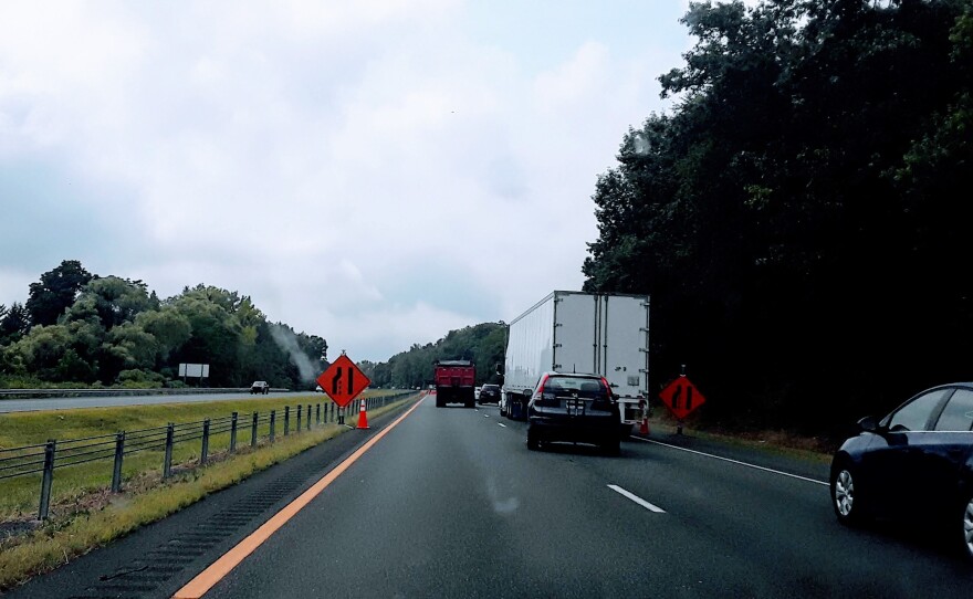 A lane closure on I-91 near Easthampton, Massachusetts, shows that not too many people know about using the "zipper merge" technique.