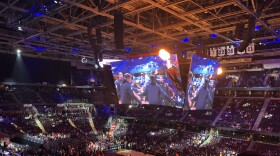 Fans cheer on the starting lineup for the Cavs tuesday night in Cleveland. The team beat the Atlanta Hawks for the first win of the 2018-2019 season.