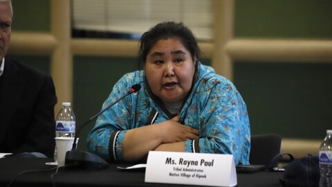 Kipnuk Tribal Administrator Rayna Paul speaks at a roundtable regarding Typhoon Halong recovery on May 5, 2026.
