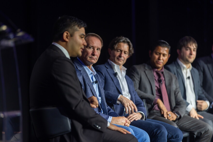 Gov. Jeff Landry sits with Hut 8 executives at the company’s groundbreaking event for the River Bend data center in West Feliciana Parish, Louisiana, on Monday, October 5, 2026.
