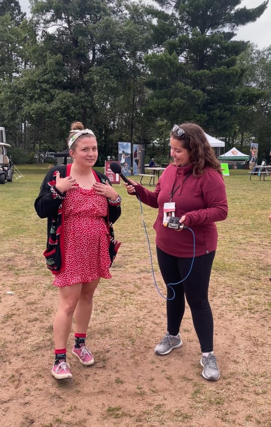 Maddie Hubley tells WUWM's Katherine Kokal about her outfit at the 2025 Lumberjack World Championships in Hayward, Wisconsin on July 18, 2025.