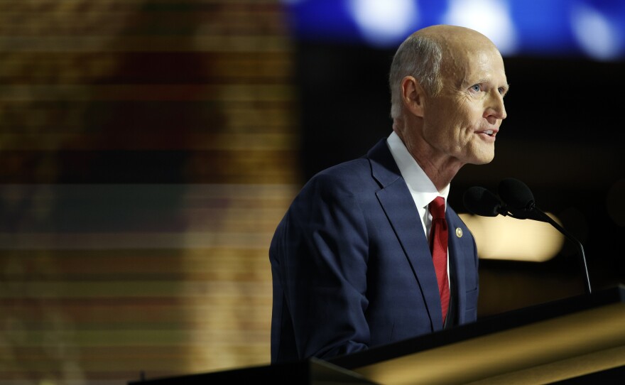 Sen. Rick Scott talks to the crowd during the session at the Fiserv Forum for the Republican National Convention in Milwaukee, Wis., Tuesday, July 17, 2024. (Ashleigh Lucas/WUFT News)
