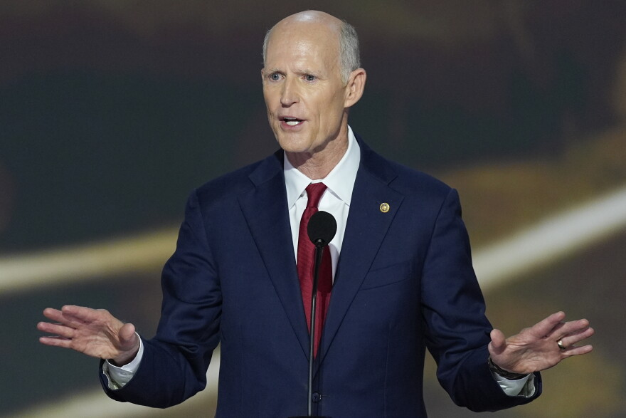 FILE - Sen. Rick Scott, R-Fla., speaks during the second day of the Republican National Convention July 16, 2024, in Milwaukee. (AP Photo/J. Scott Applewhite, File)