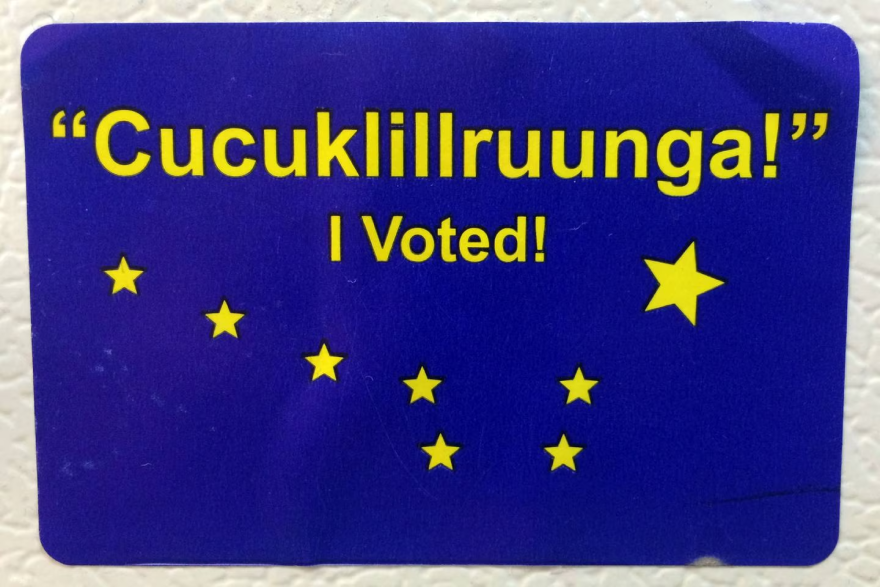 "I voted" stickers in Yup'ik and English distributed in Bethel.