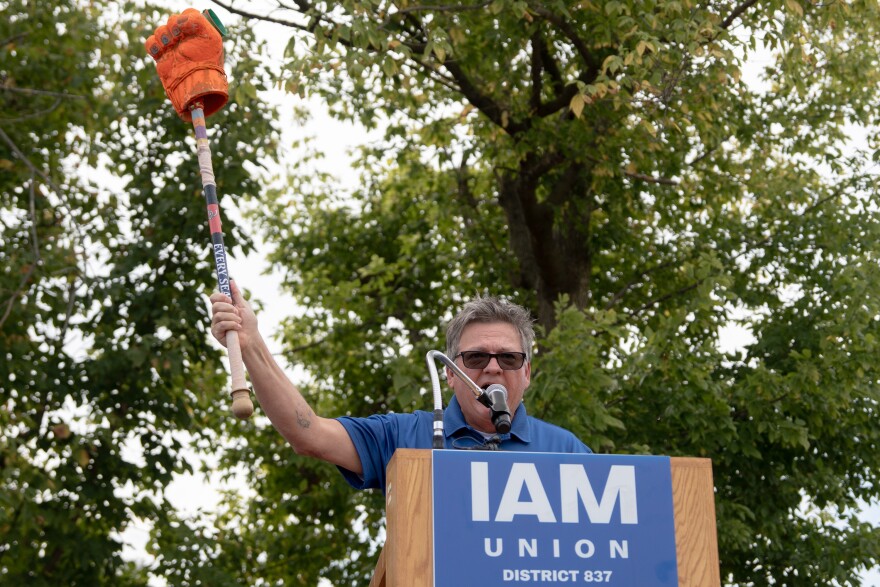 Jody Bennett, IAM resident General Vice President, rallies striking Boeing workers outside the IAM District 837 Union Hall on Wednesday, Oct. 1, 2025, in Hazelwood. Machinists entered their ninth week on strike against the aerospace giant.