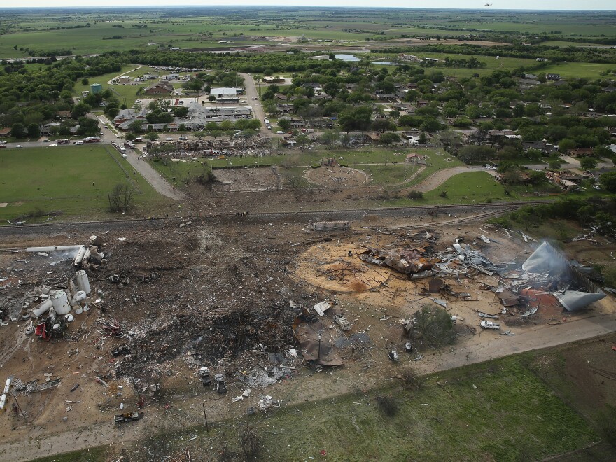 The West Fertilizer Co., shown from the air, lies in ruins after an explosion that killed 15 people, injured more than 150 and damaged houses and buildings for blocks in every direction.
