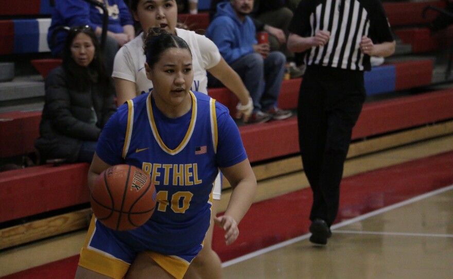 Bethel Lady Warrior MaeLynn Fredericks Sr. plays in the Mountain City Christian Academy Invitational basketball tournament in Anchorage on Jan. 3, 2026.