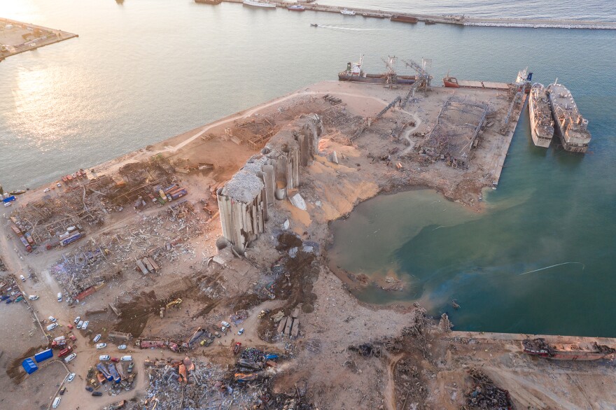 An aerial view of demolished structures at the port, damaged by Tuesday's explosion in Beirut, Lebanon on Wednesday. The enormous blast, which officials said was driven by thousands of tons of ammonium nitrate, killed at least 137 people and injured thousands more.