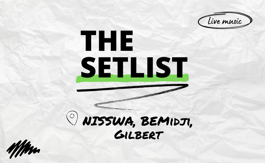 "The Setlist" and "Nisswa, Bemidji, Gilbert" written over a crumpled paper background.