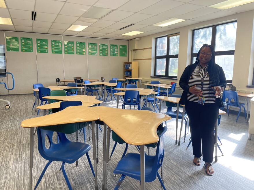 Principal Dr. Tonya Love stands in a classroom at Frances Starms Discovery Learning Center on Milwaukee's near north side on Aug. 27, 2026. Her school was one of six north side campuses that received millions in updates this summer to prepare for potentially accepting new students when nearby schools are close.d