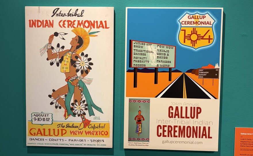 Posters included in exhibit "Route 66 is Indian Country" promoting the Gallup Inter-Tribal Indian Ceremonial every August in Gallup.
