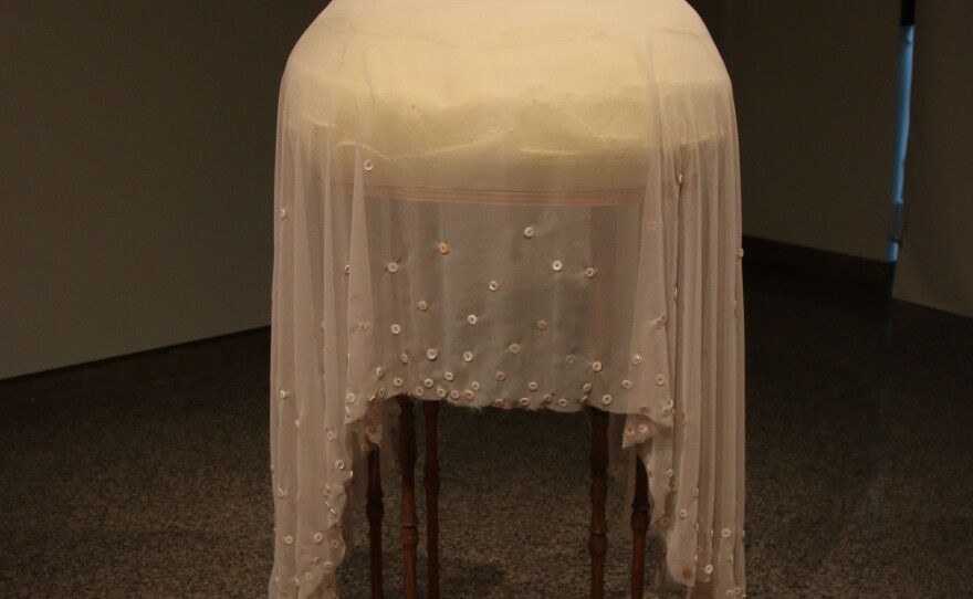 Claire Hedden, good grief, 2017, Earthenware, wood, fabric, buttons, thread. Installation view: 4 Artists 4 Visions. Augustana Teaching Museum of Art. 10 March - 8 April, 2017.