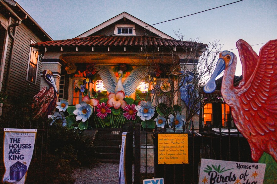 The "Birds of Bulbancha" house float made by the Krewe of Red Beans in New Orleans.