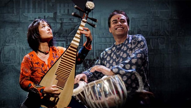 Wu Man playing the pipa on the left; Sandeep Das playing tabla on the right