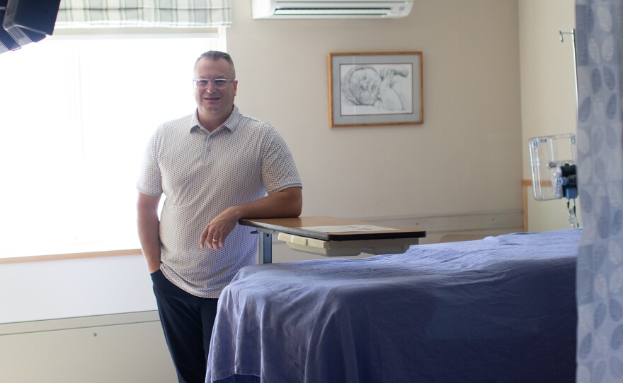 Matt Told poses for a photo in a delivery room at Syringa Hospital in Grangeville, Idaho on Friday, May 29, 2026.