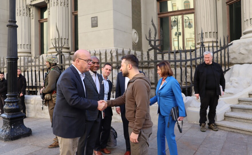 U.S. Rep. Jim McGovern shakes hands with Ukrainian President Volodymyr Zelensky, on April 30, 2022, in Kyiv. House Speaker Nancy Pelosi led the delegation.