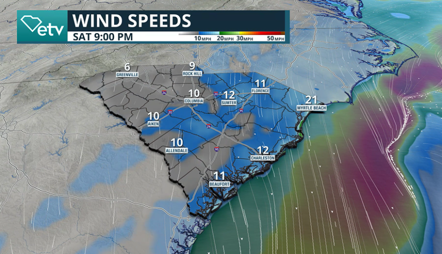 Forecast wind speeds on Saturday evening.