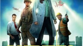 The box cover for the board game Pandemic features four people, a woman and three men with a city skyline behind them and two helicopters in the sky behind them.