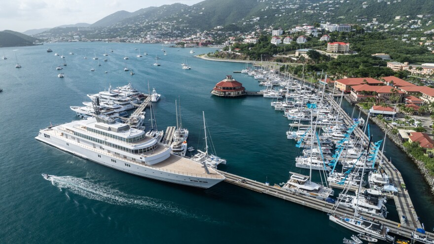 Photo description: Charter boats docked at Yacht Haven Grande on St. Thomas during the 2023 USVI Charter Yacht Show.