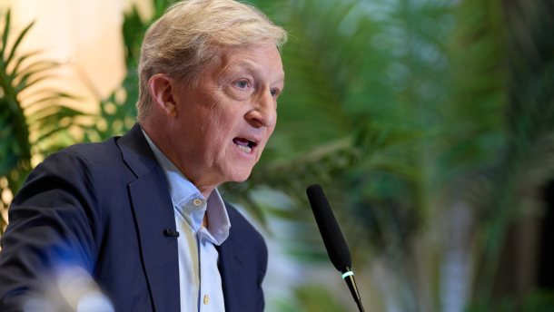 Tom Steyer speaks during a gubernatorial candidate forum hosted by California Immigrant Policy Center, California Latino Legislative Caucus Foundation, and ACLU California Action at the SAFE Credit Union Convention Center in Sacramento on April 14, 2026.