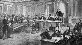 An engraving showing the impeachment trial of President Andrew Johnson in the Senate on March 13, 1868. (Library of Congress)