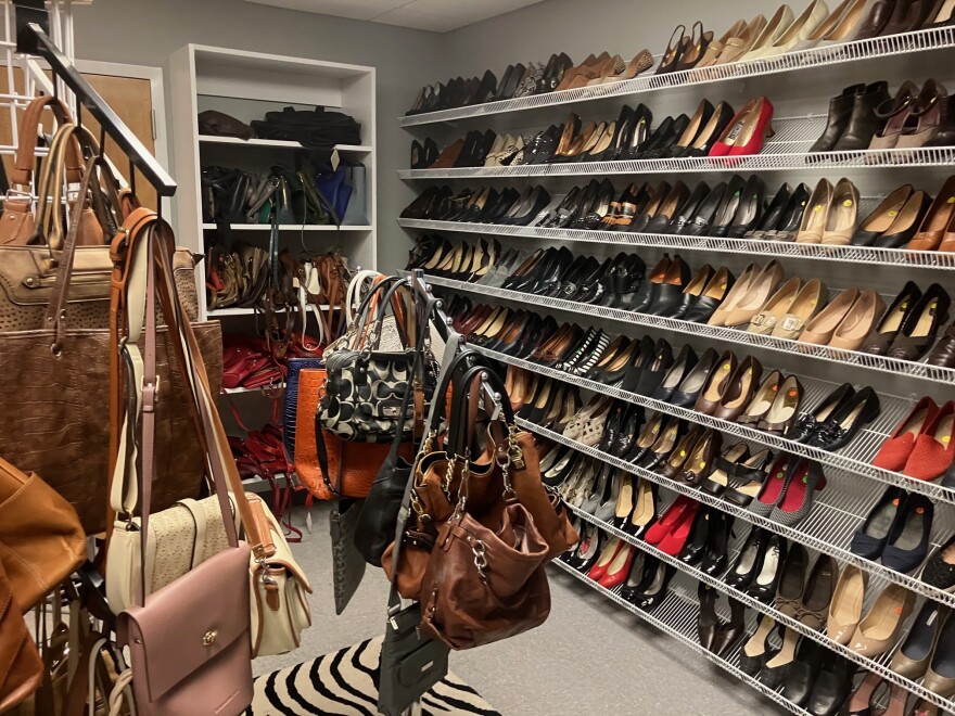 Women's shoes and purses shown at Dress for Success (the only such affiliate between Chicago and Des Moines) in Davenport, April 13, 2026.