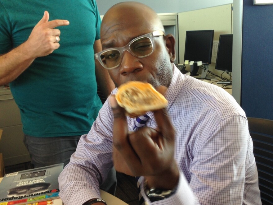 This is the only known case of someone in a necktie eating a Quesarito.