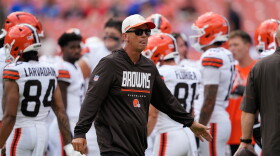 Cleveland Browns head coach Todd Monken stands on the field before a preseason NFL football game against the Buffalo Bills, Saturday, Aug. 22, 2026, in Cleveland. 
