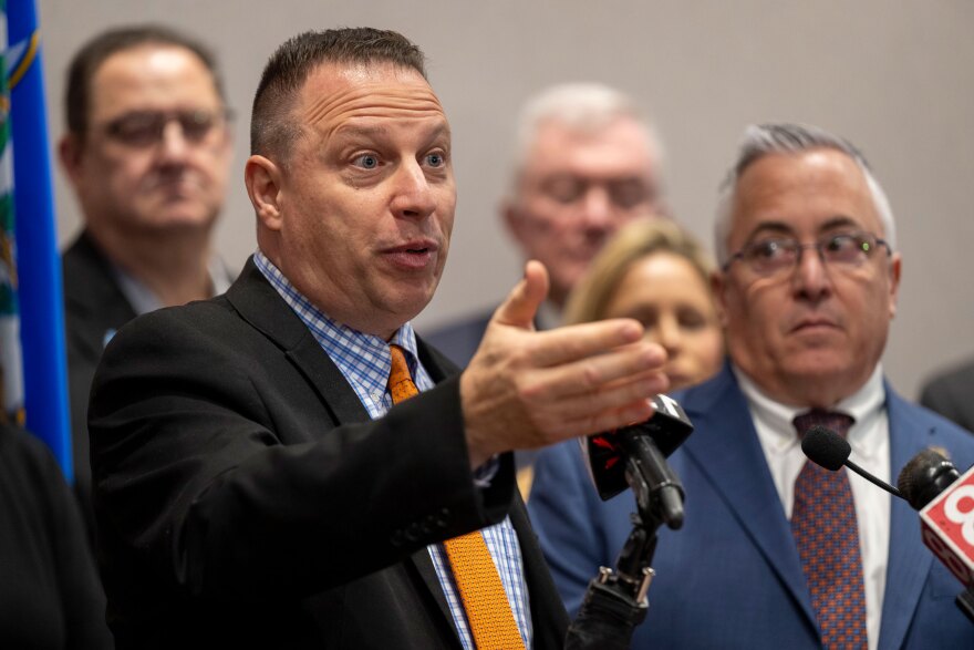 FILE: State Senator Rob Sampson speaks at a press conference at which Connecticut Republicans discussed a new proposal to reform the Trust Act.