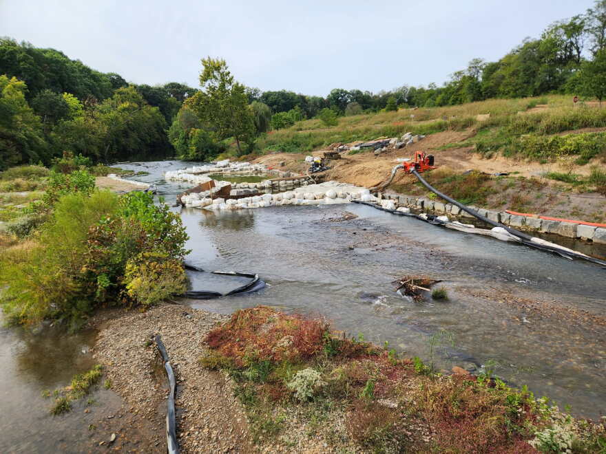Sandbags have been placed and once submerged, will direct the flow of the Roanoke River to create ideal conditions for kayaking, tubing, and other recreation activities.