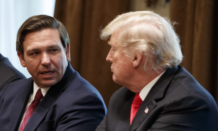 Florida Gov. Ron DeSantis talks with President Donald Trump during a meeting with newly elected governors in the Cabinet Room of the White House in December 2018. (AP Photo/Evan Vucci)