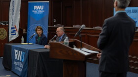Political Reporter Ian Donnis (right) moderates a discussion between Ken Block and Helena Foulkes. Credit: Rose Wheeler/Ocean State Media