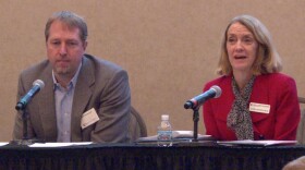 Kelley School of Business professors Kyle Anderson and Cathy Bonser-Neal speak on the 2020 economic forecast panel at IUPUI Thursday morning.