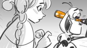 <strong>The Gag's The Thing:</strong> Olaf the snowman has all kinds of nose trouble — and not just sniffles — in Disney's animated musical <em>Frozen</em>. This storyboard image is an animator's early notion of how the visual joke might play out.