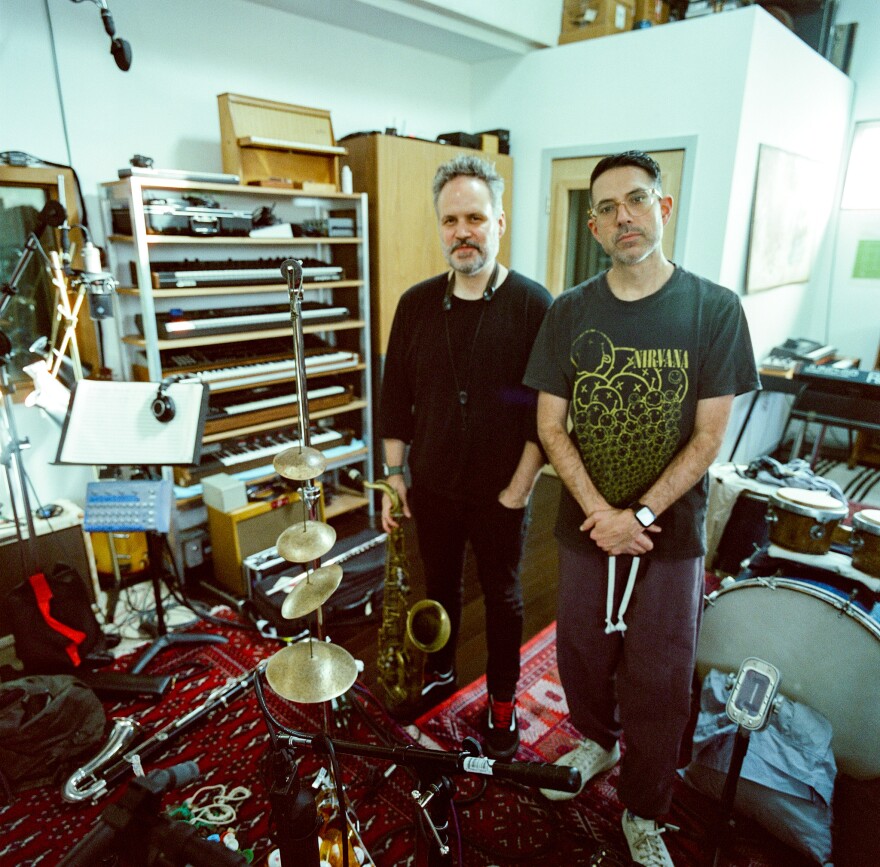 Saxophonist Jason Rigby and drummer Giuliana, during the recording sessions for 'Esoteric Graffiti.'