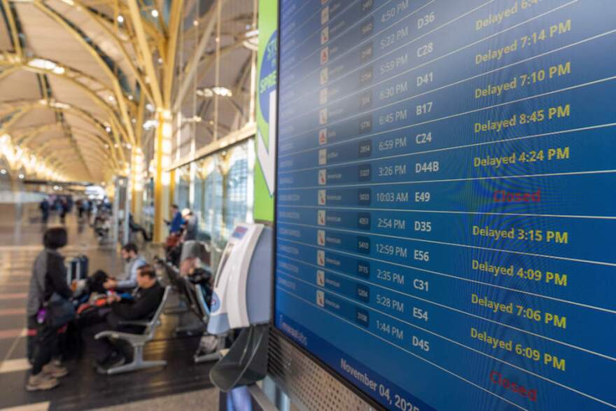 The departures display board shows multiple flights delayed at Ronald Reagan Washington National Airport, Tuesday, Nov. 4, 2025, in Arlington, Virginia. (Alex Brandon/AP)